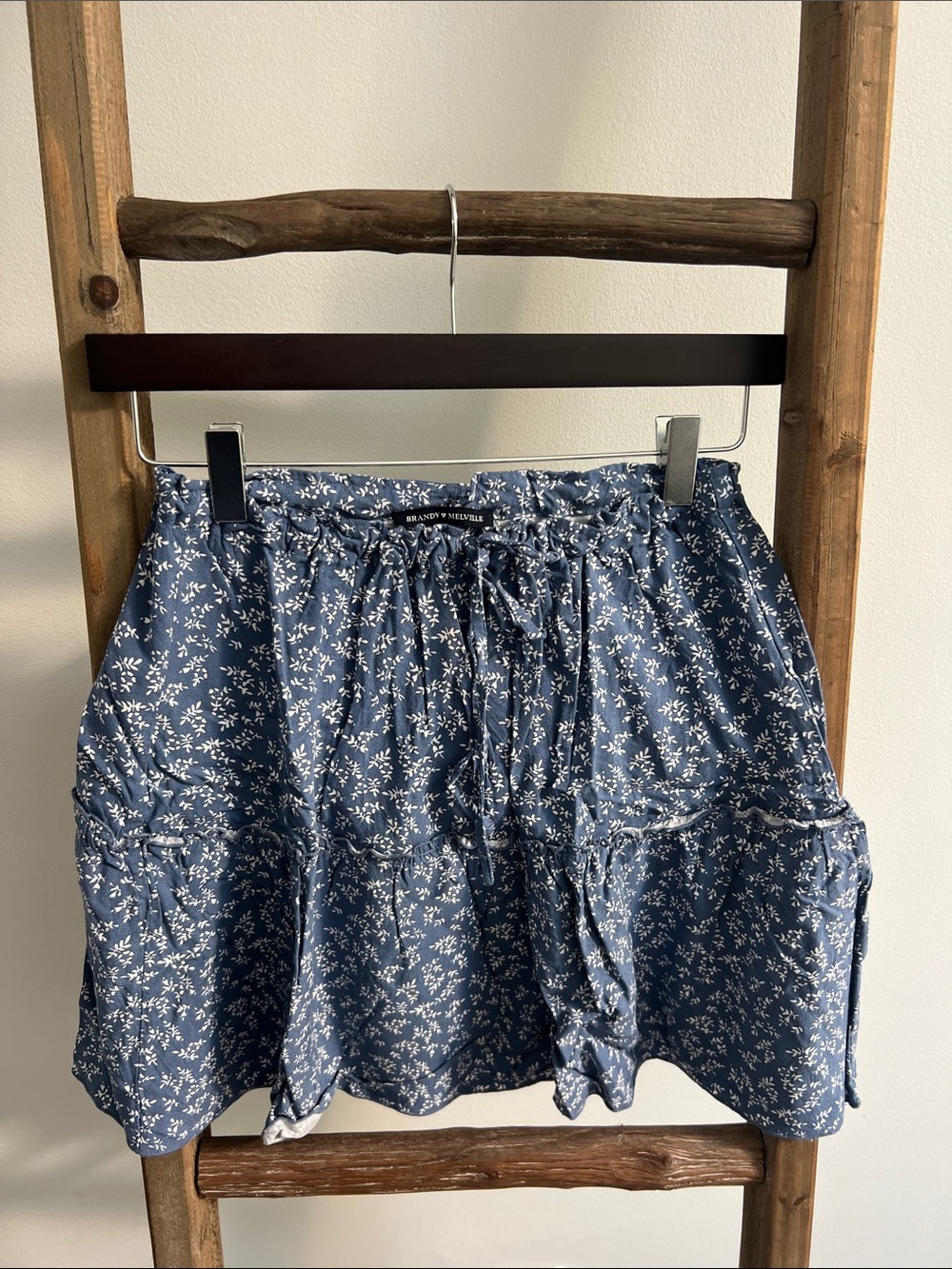 Brandy Melville Navy Blue Mini Skort with White Floral Print